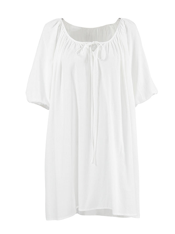 Loose Puff Sleeves Lace-up Pleated See-through Color V-neck Mini Dresses Sleep Dress