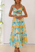 Unique Printed Suspender Tie Back Pleated Midi Dress