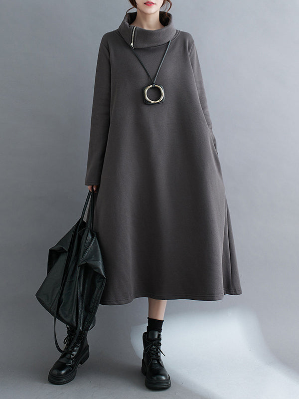 A-line Long Sleeves Asymmetric Color Zipper High Neck Midi Dresses
