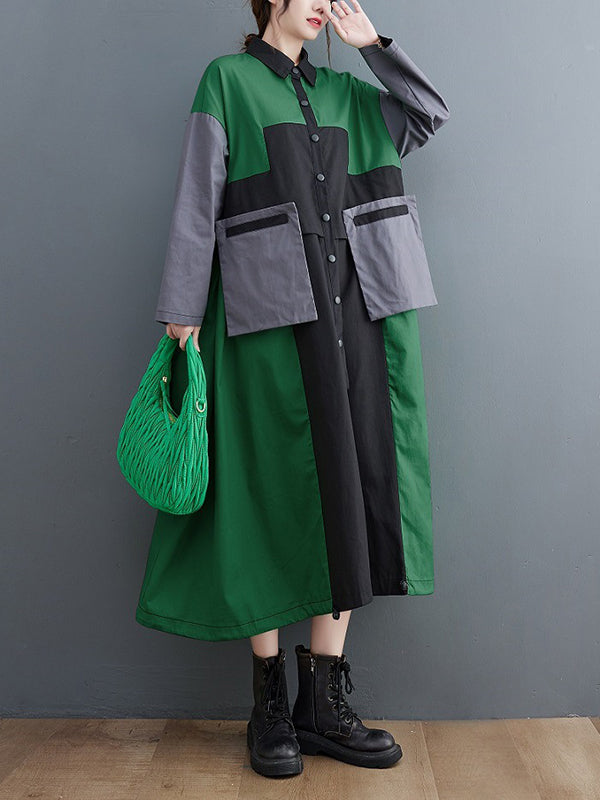 Loose Long Sleeves Contrast Color Polo Midi Dresses