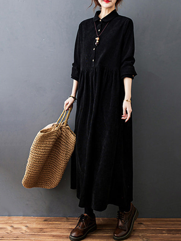 Split-joint Color Long Sleeves Lapel A-line Corduroy Midi Dress