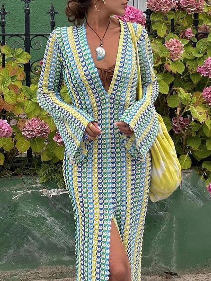 Dawn V-neck Collared Crochet Maxi Dress