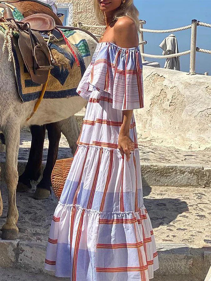 Off Shoulder Ruffle Sleeves Stripes Swing Maxi Dress