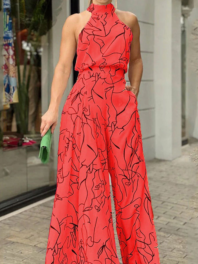 Printed Halter Wide-leg Pants Jumpsuits