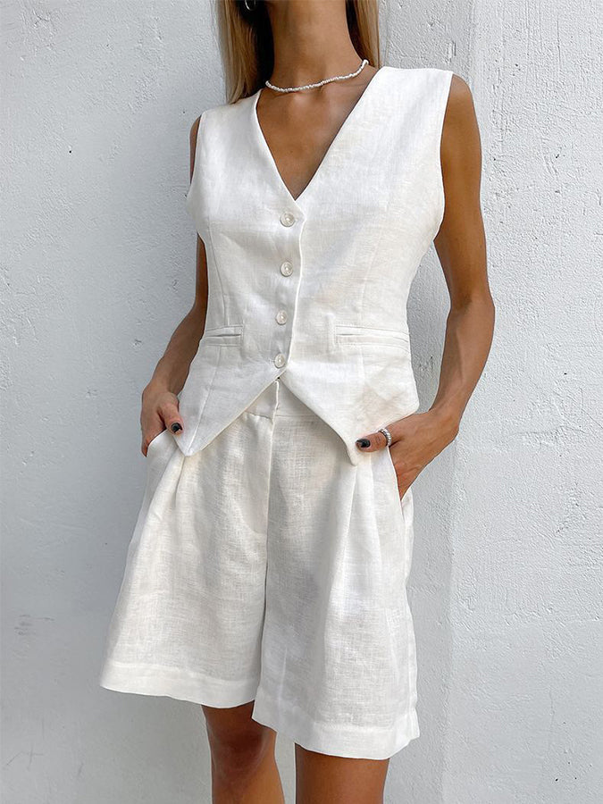 V Neck Sleeveless Single Breasted Top Side Pocket Shorts Set