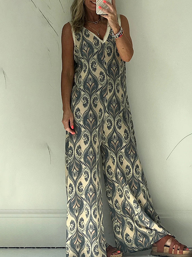V Neck Sleeveless Printed Wide-leg Pants Jumpsuits