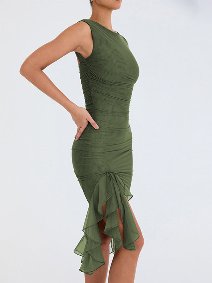 Slim Pleated See-through Round Neck Sleeveless Midi Dress