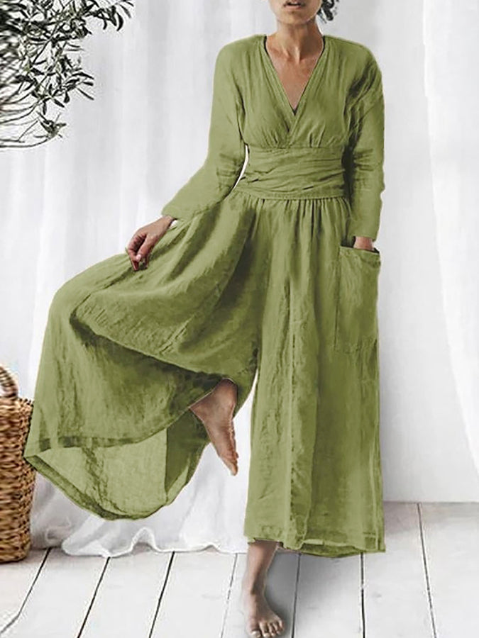 Long Sleeves V Neck Wide -leg Pants Jumpsuits
