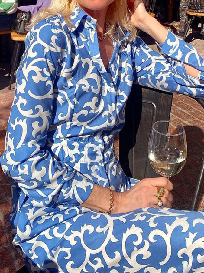 Long Sleeves Printed Pockets Shirt Collar Jumpsuits