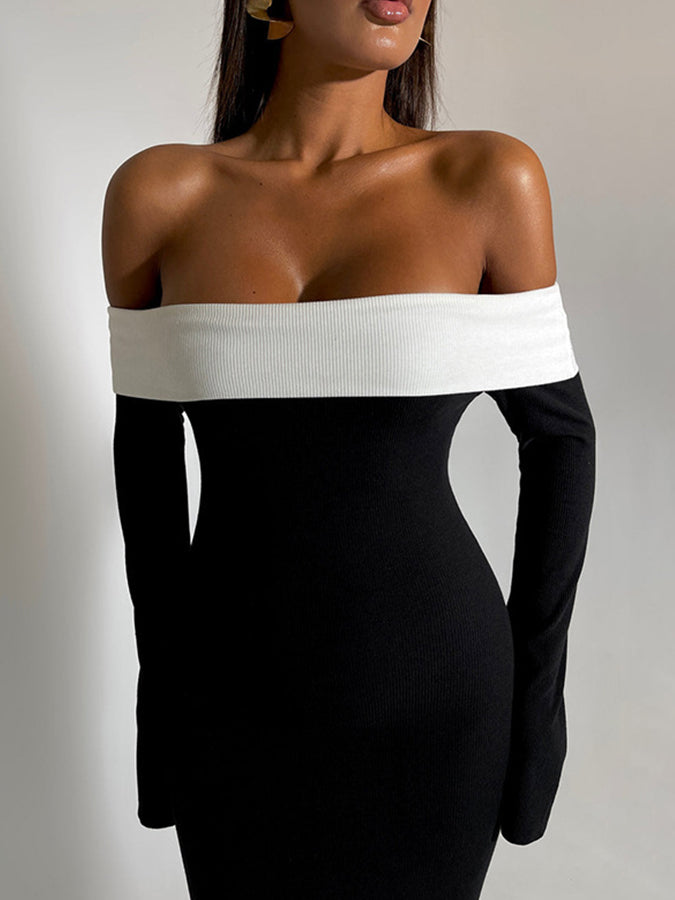 Off Shoulder Long Sleeves Slim Maxi Dress