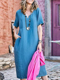 Short Sleeves Pockets Cotton-linen Midi Dress