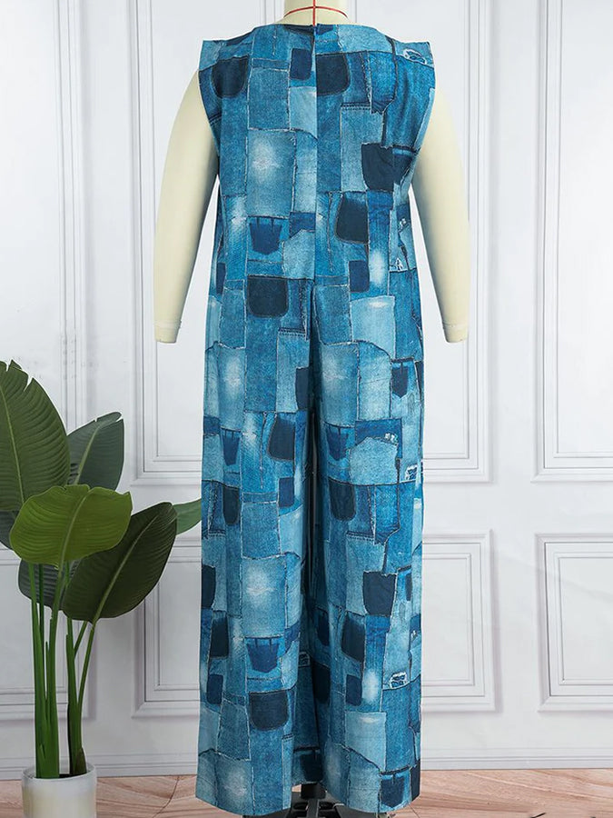 Print Patchwork O-neck Jumpsuit