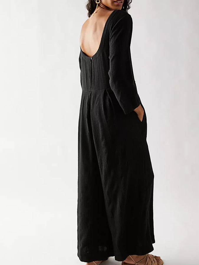 Long Sleeves Pockets Wide-leg Pants Jumpsuits