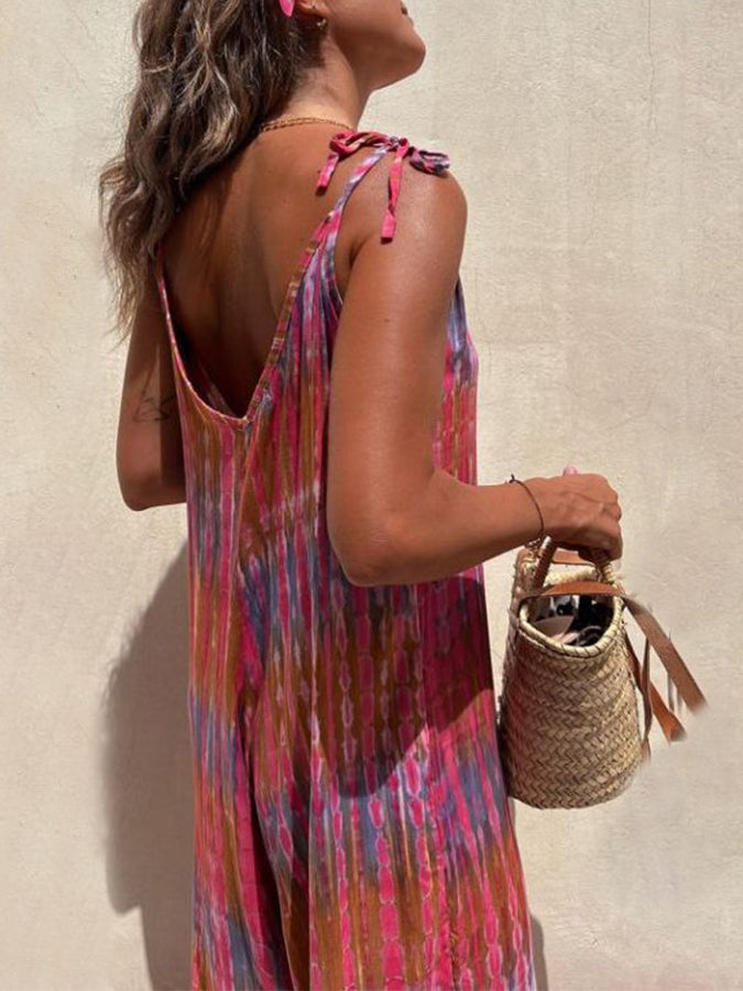V Neck Printed Sleeveless Wide-leg Jumpsuits