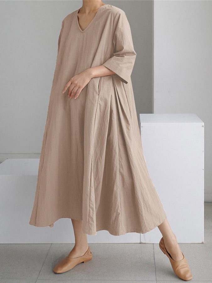 3/4 Sleeves V Neck Loose Cotton-linen Maxi Dress