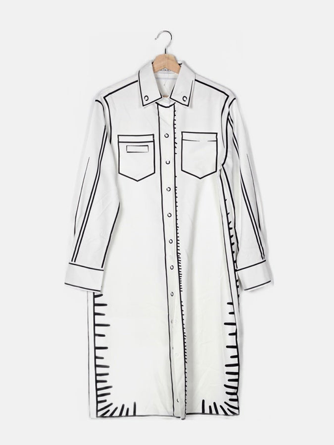White Long Sleeves Shirt Collar Loose Midi Dress