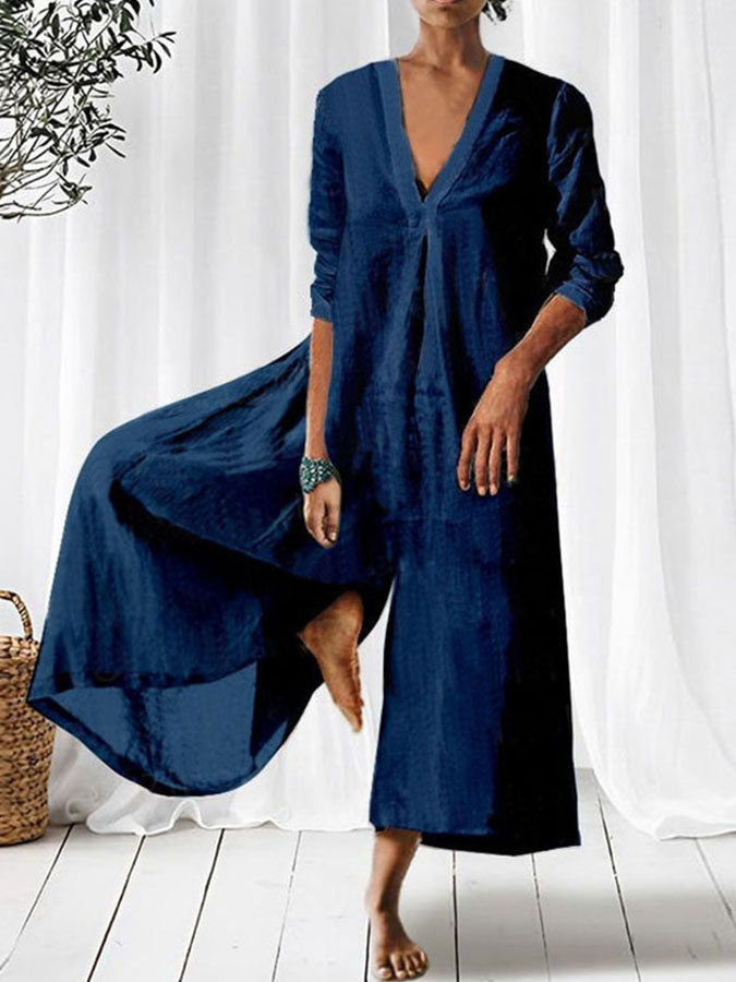 V Neck 3/4 Sleeves Wide-leg Jumpsuit