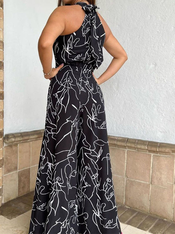 Printed Halter Wide-leg Pants Jumpsuits
