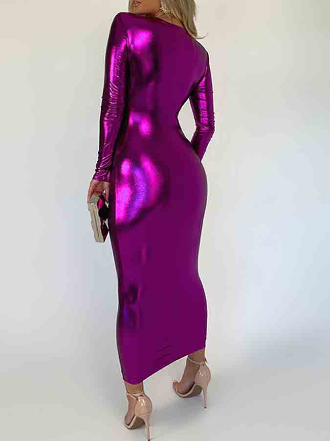 Long Sleeves V Neck Slim Midi Dress