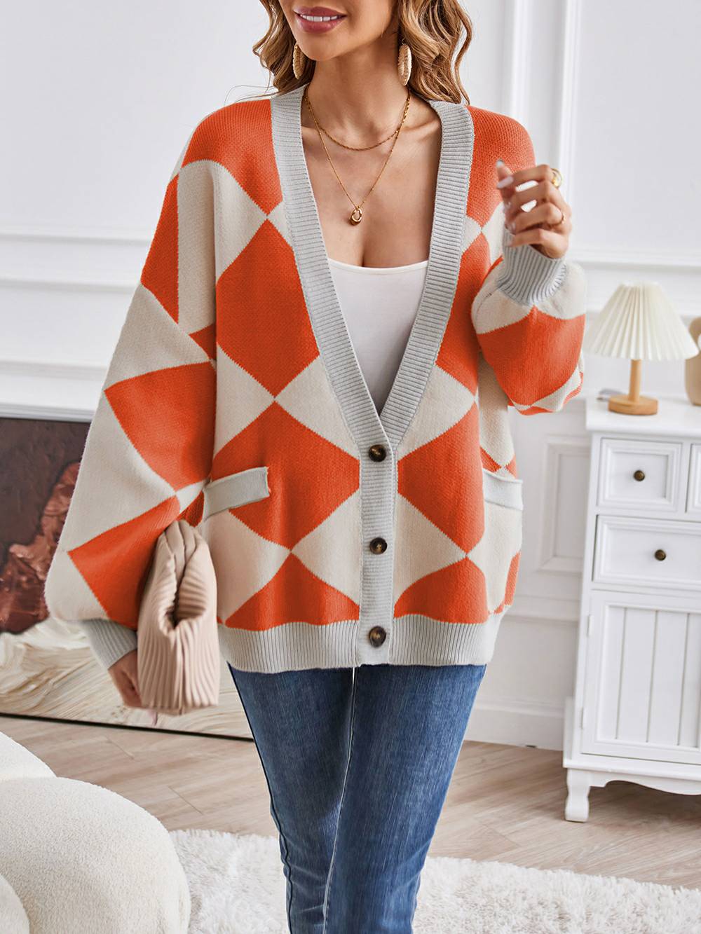 V-neck Geometric Color Block Knit Cardigan