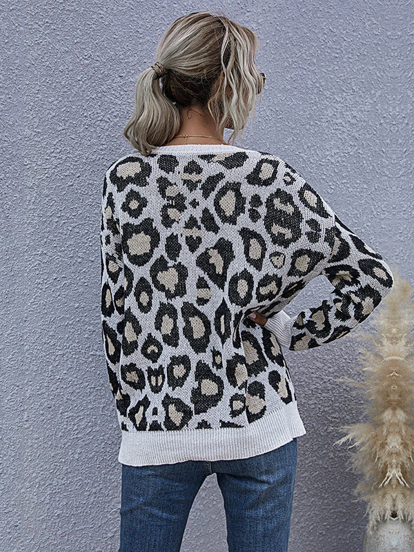 V-neck Leopard Print Knit Sweater