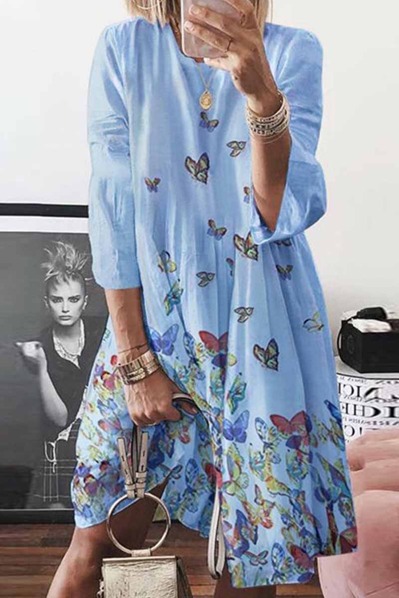 Printed O-neck Linen Dress