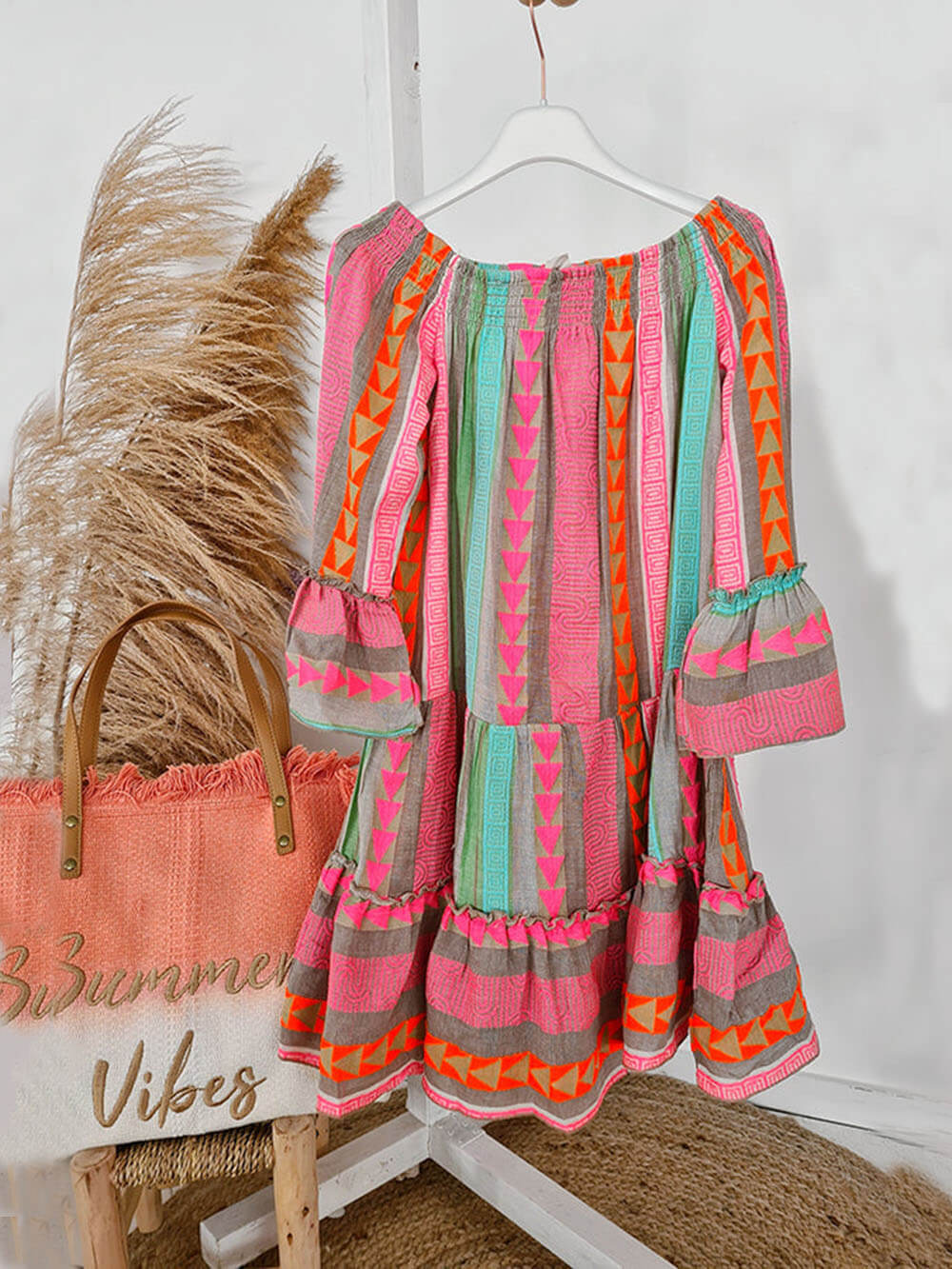 Print Linen Blend Off Shoulder Loose Mini Dress