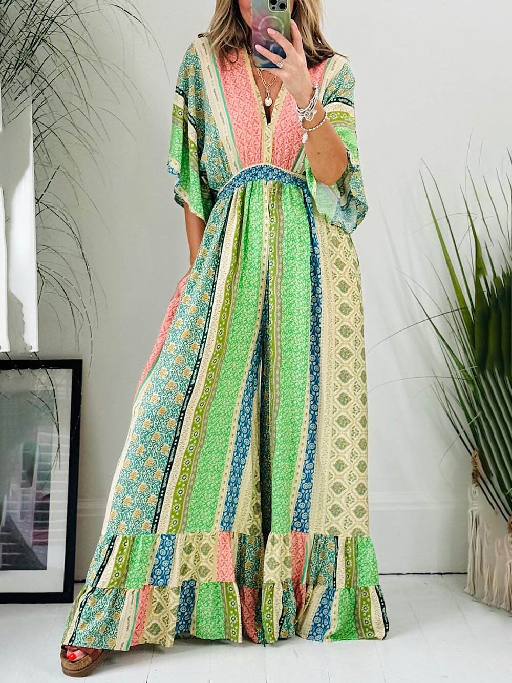 Retro Flare Sleeve Pocketed Loose Wide Leg Jumpsuit
