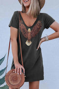 Loose V-neck Eagle Print Short Sleeves Mini Dress