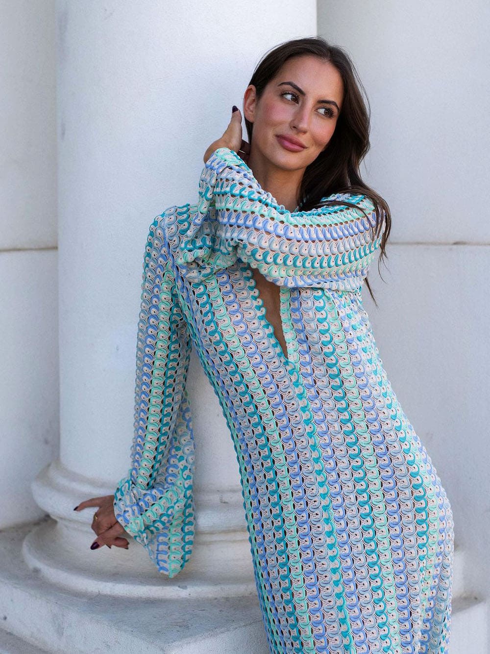 V Neck Bell Sleeve Wavy Striped Crochet Beach Vacation Maxi Dress - Blue