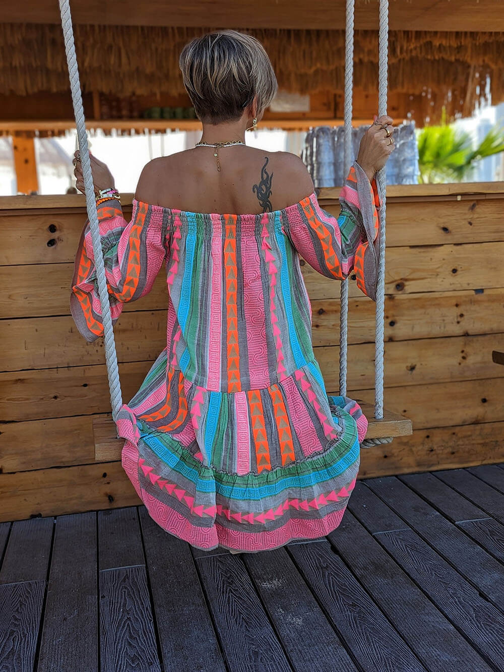 Print Linen Blend Off Shoulder Loose Mini Dress