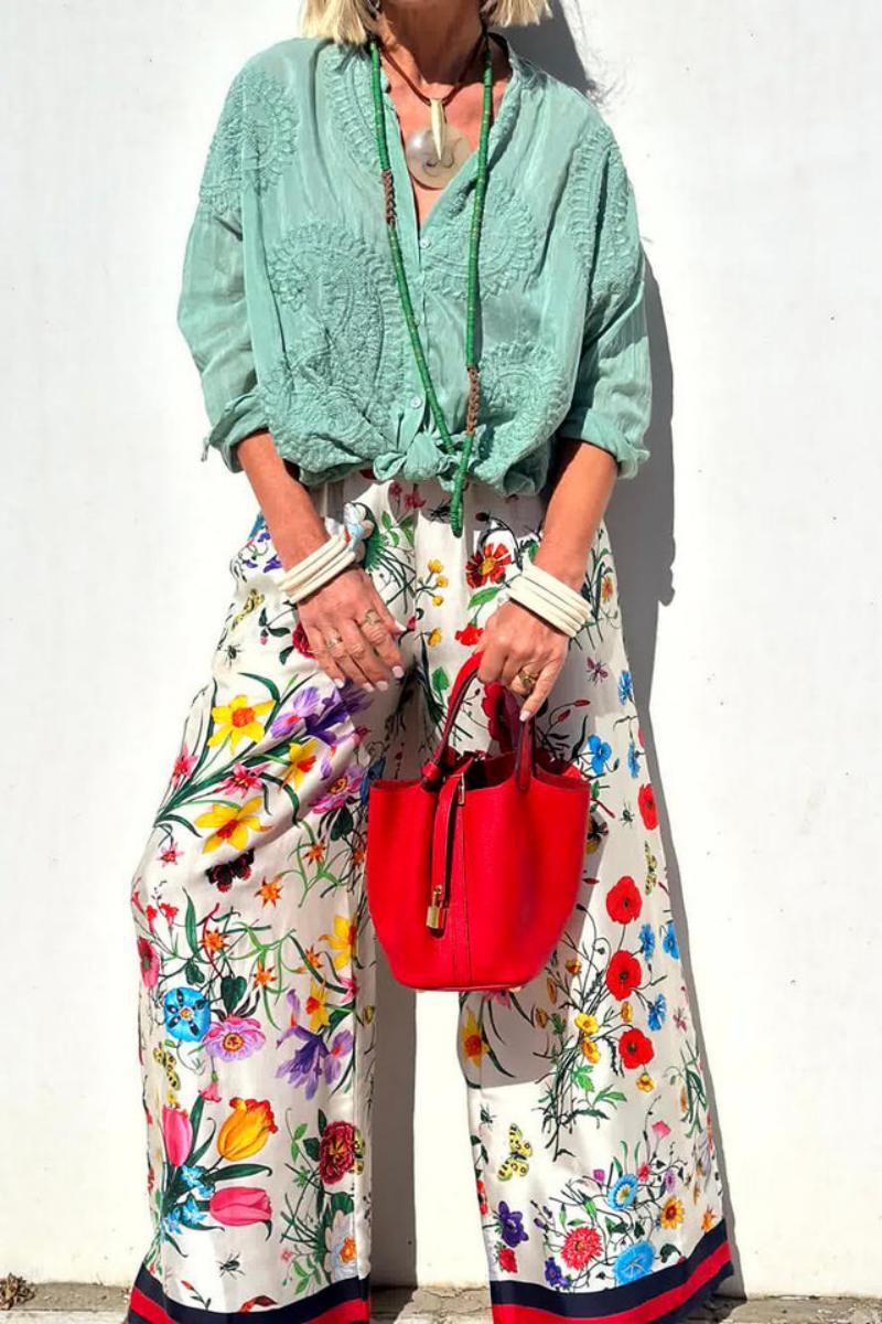 Unique Print Elastic Waist Pocketed Wide Leg Pants-set