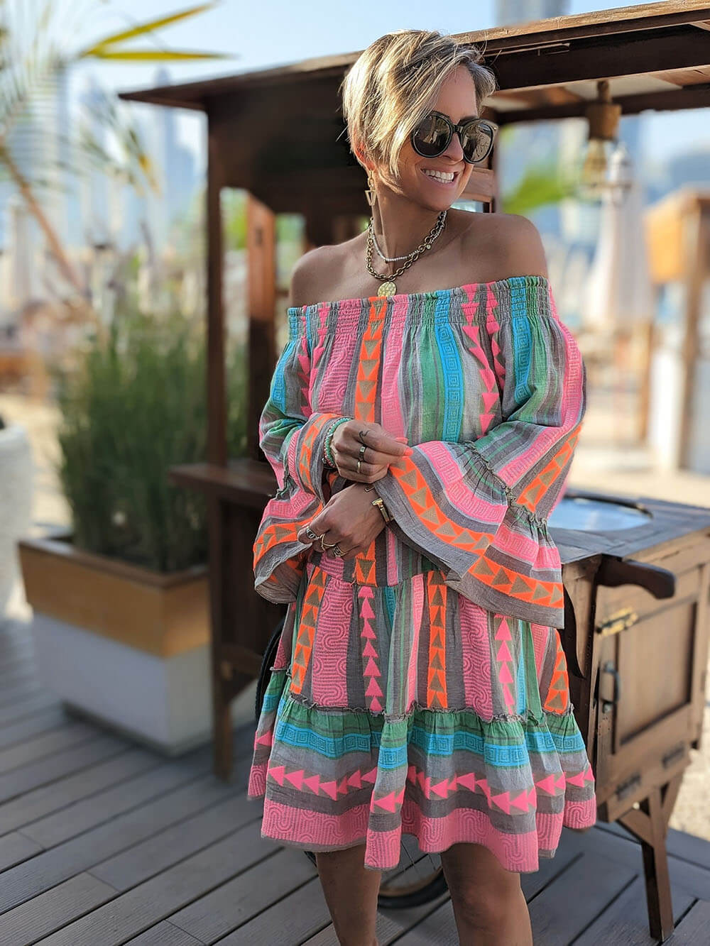 Print Linen Blend Off Shoulder Loose Mini Dress