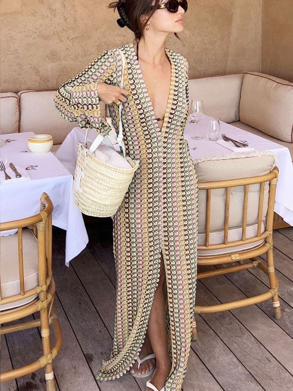 V Neck Bell Sleeve Wavy Striped Crochet Beach Vacation Maxi Dress - Brown