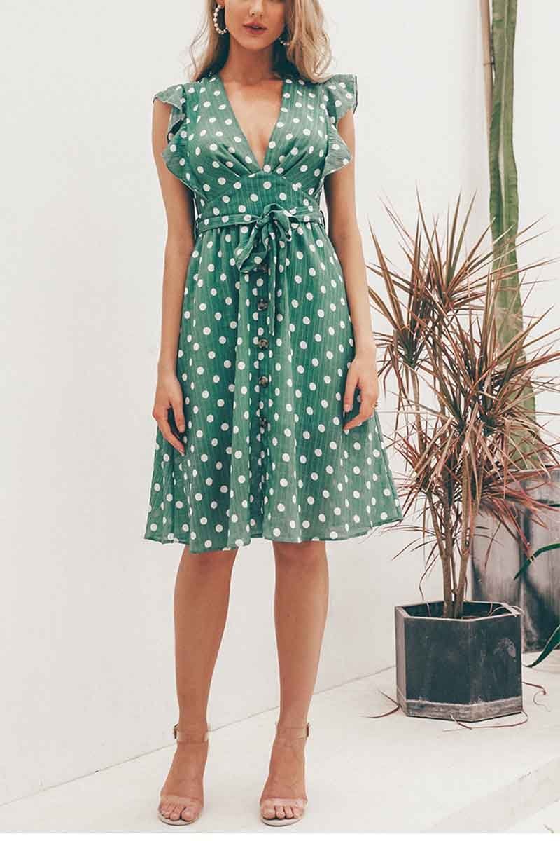 Deep V-neck Polka Dot Dress