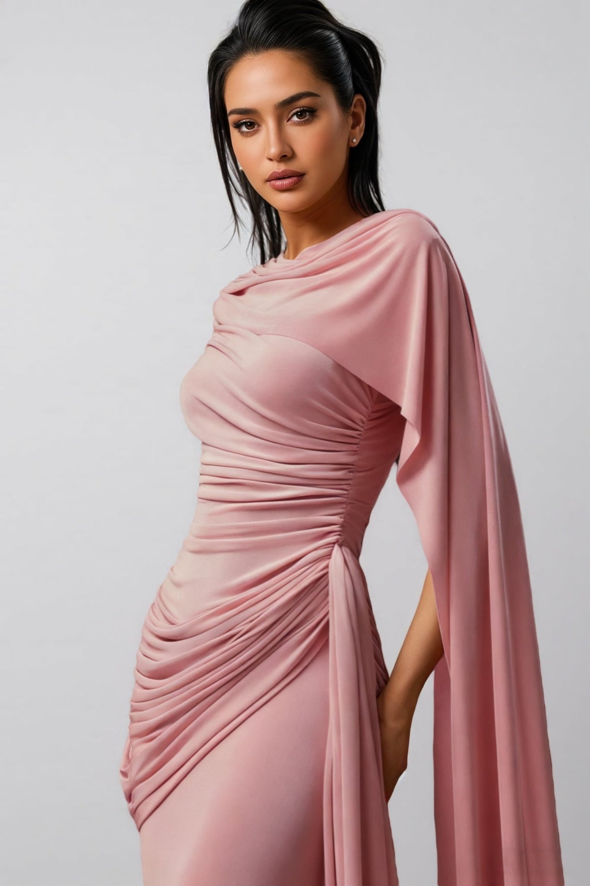 Omer Sleeveless Wrinkle Shawl Ribbon Maxi Dress