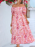Smocked Print Off the Shoulder Midi Dress
