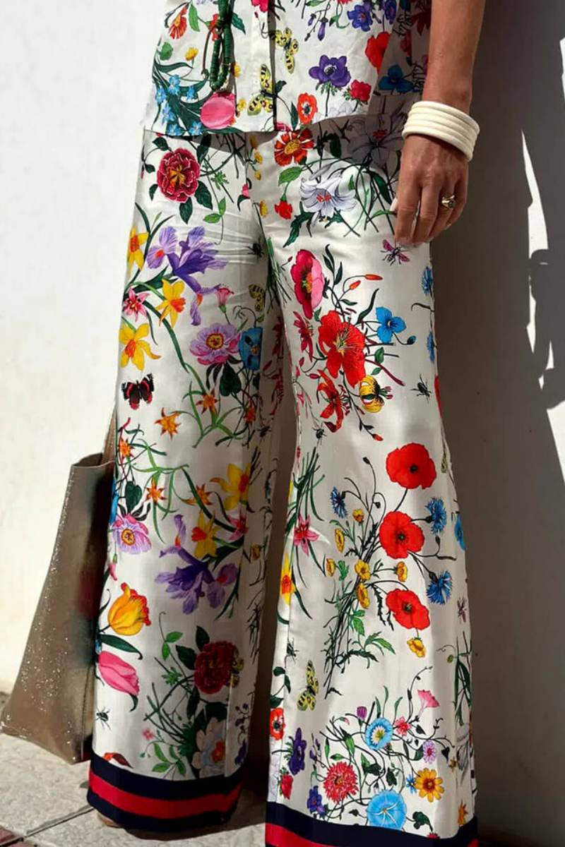 Unique Print Elastic Waist Pocketed Wide Leg Pants-set