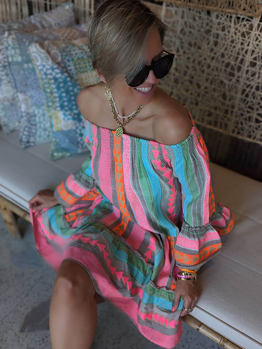 Print Linen Blend Off Shoulder Loose Mini Dress