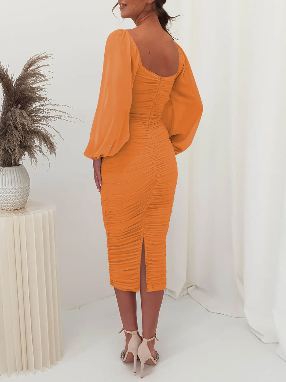 Mesh Pleated Long-sleeve Midi Dress