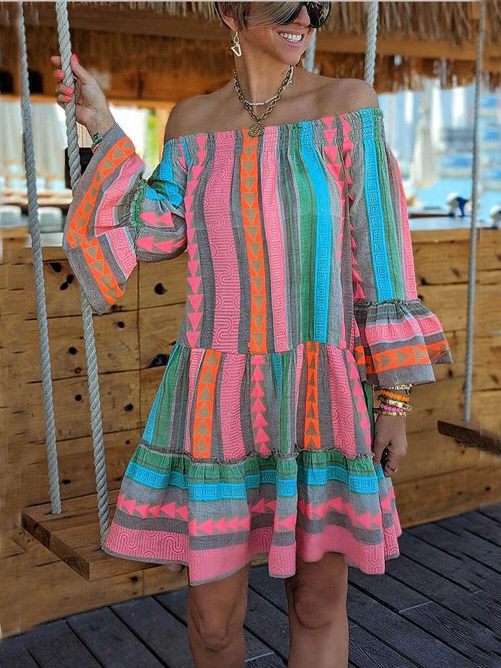 Print Linen Blend Off Shoulder Loose Mini Dress