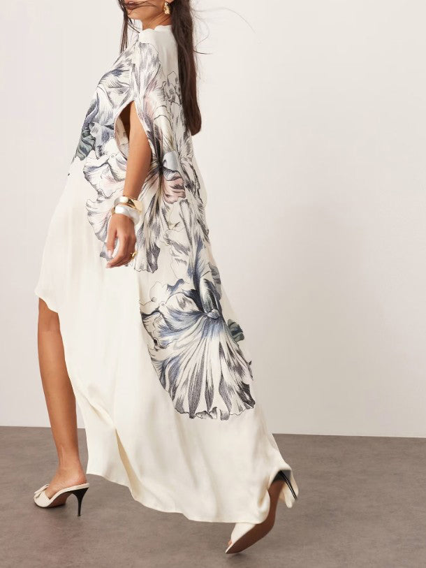 Oversized Print High Neck Asymmetric Hem Midi Dress