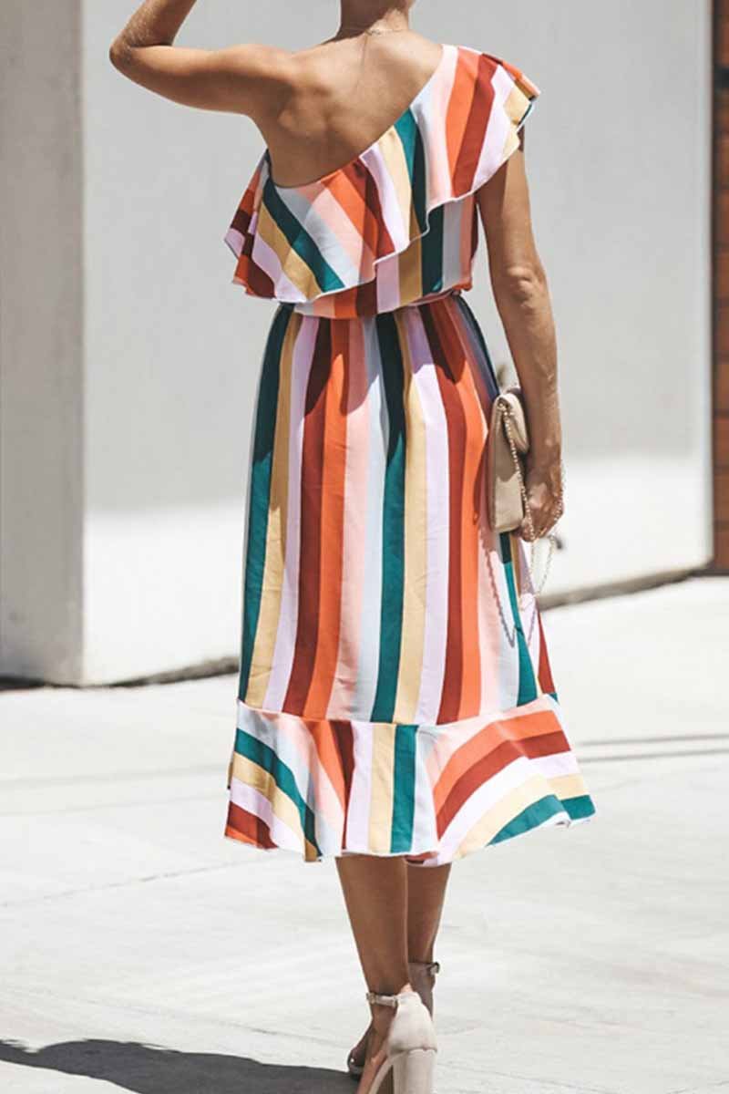 Striped One Off Shoulder Sleeveless Ruffle Irregular Midi Dress