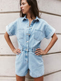 Mini Denim Cuffed-romper-blue