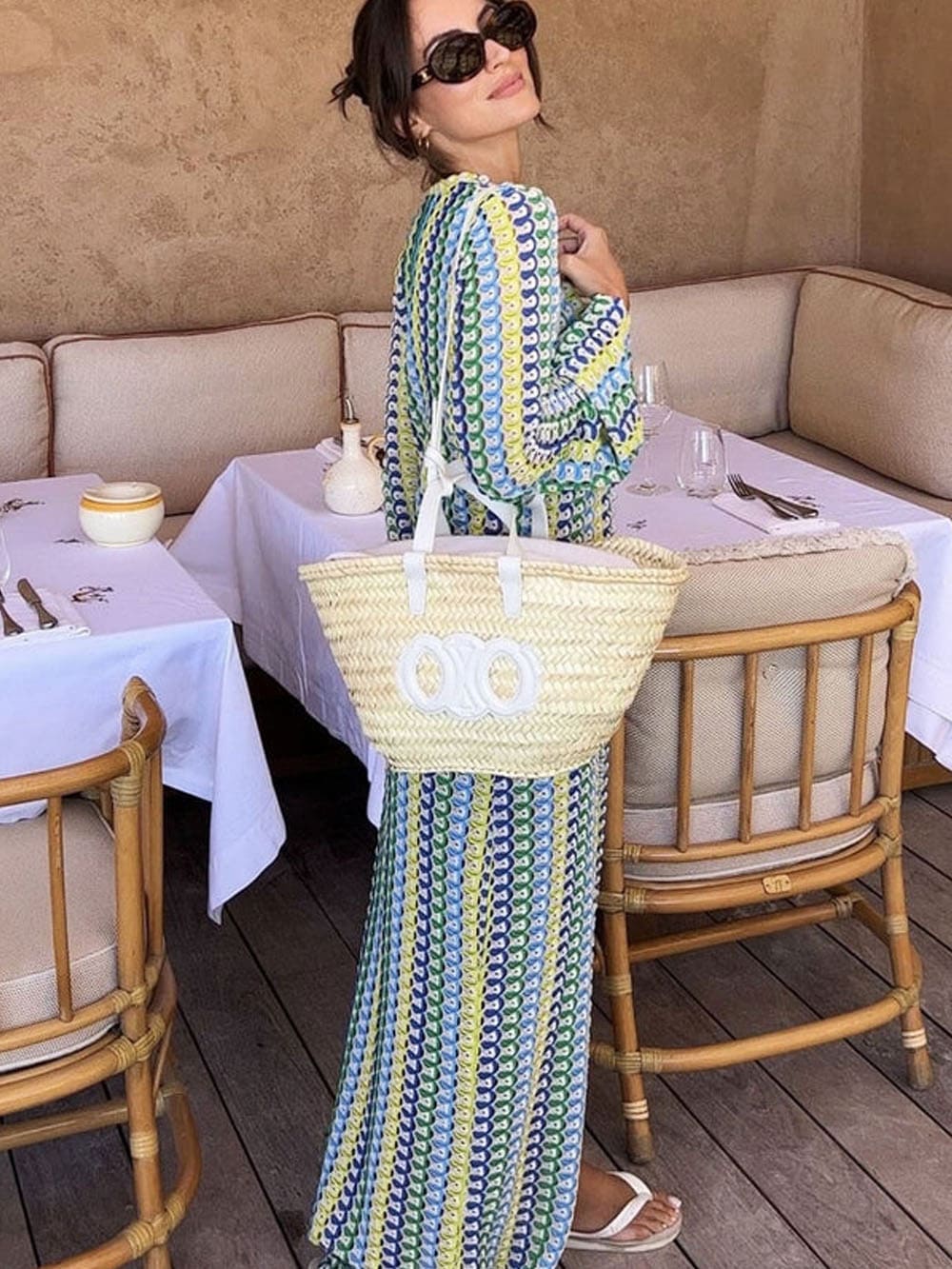 V Neck Bell Sleeve Wavy Striped Crochet Beach Vacation Maxi Dress - Yellow