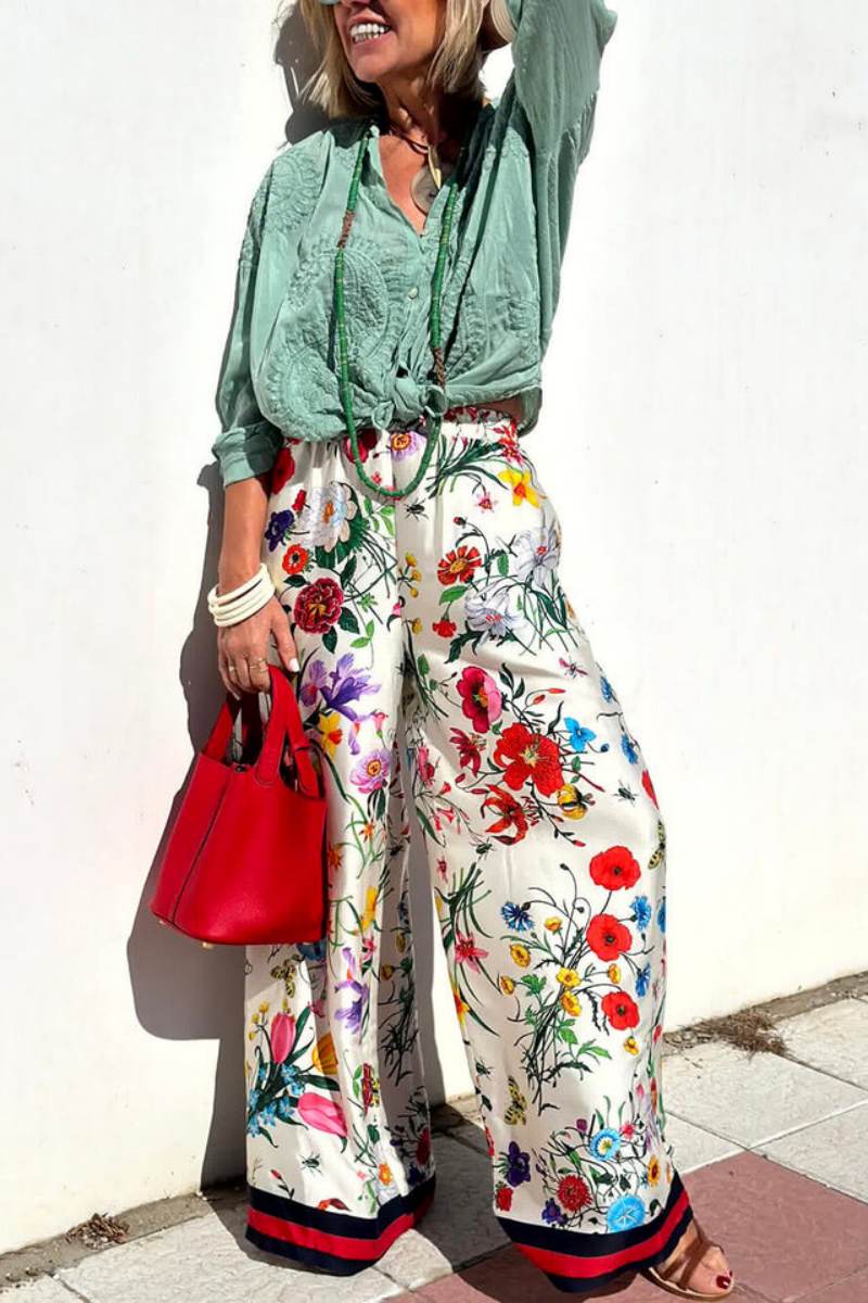 Unique Print Elastic Waist Pocketed Wide Leg Pants-set