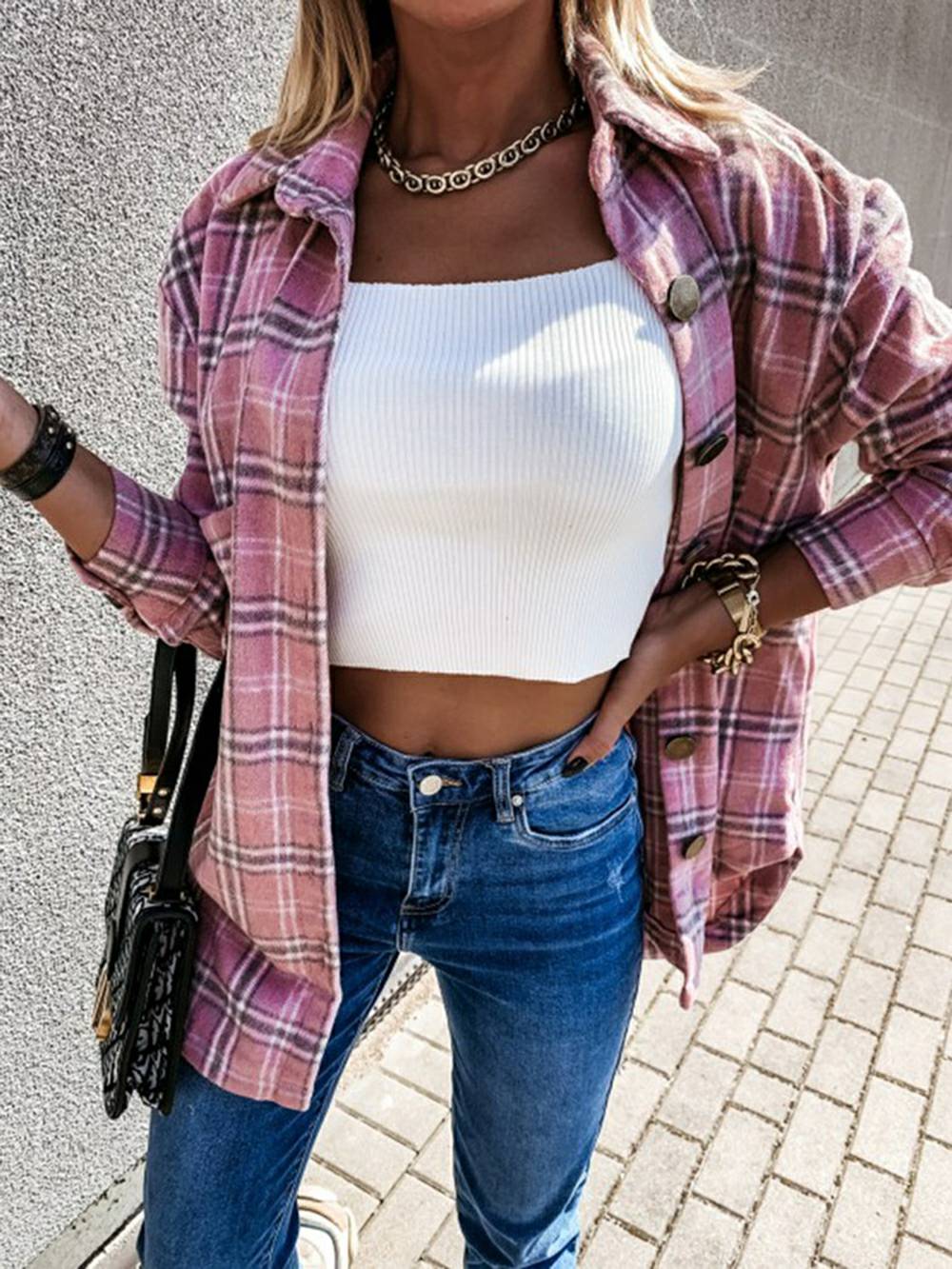 Plaid Brushed Wool Cardigan Jacket
