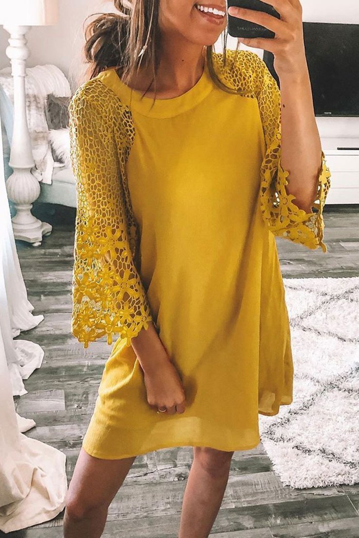 O Neck Patchwork Hollow-out Yellow Mini Dress