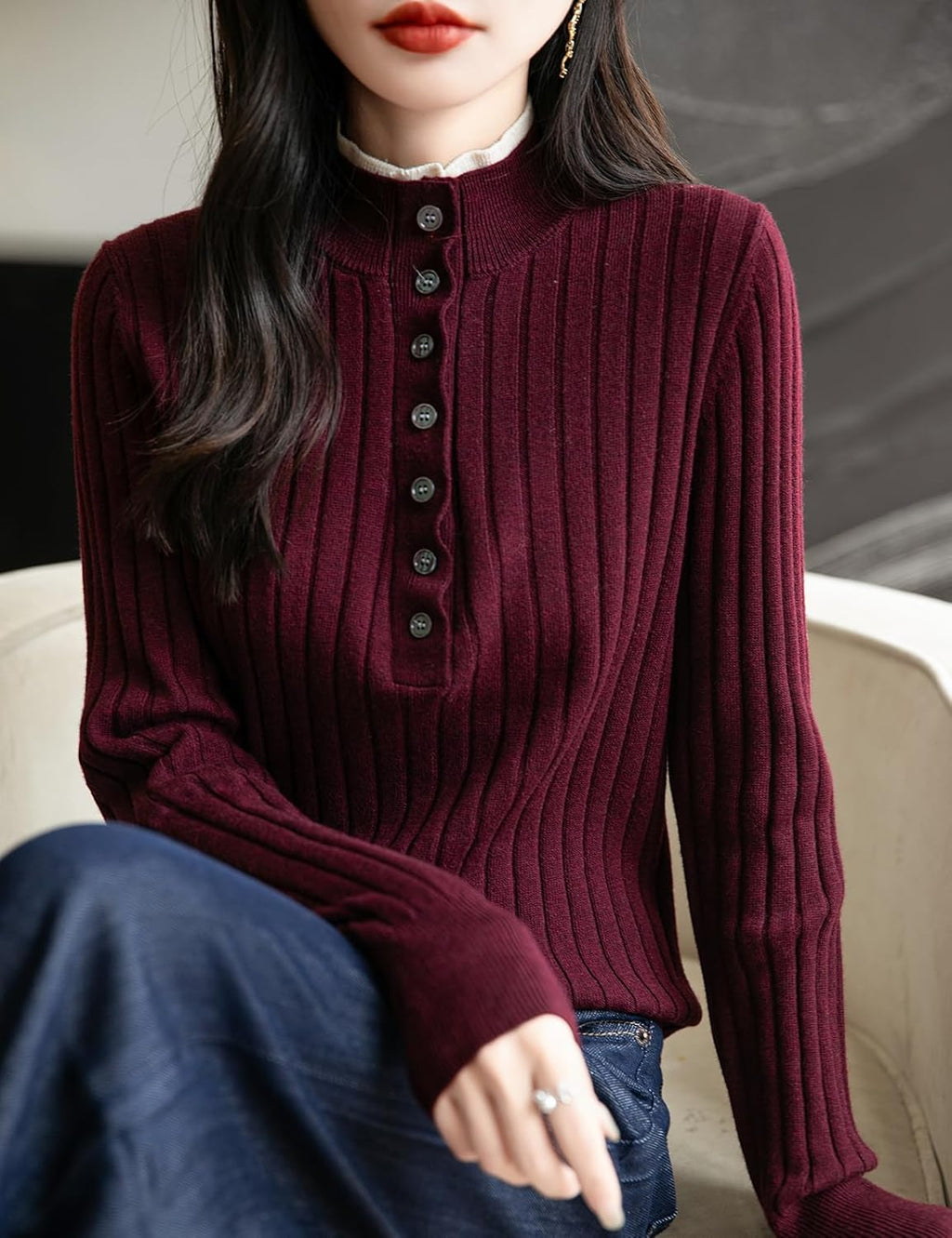Merino Wool Blend Color Block Stand Collar Sweater