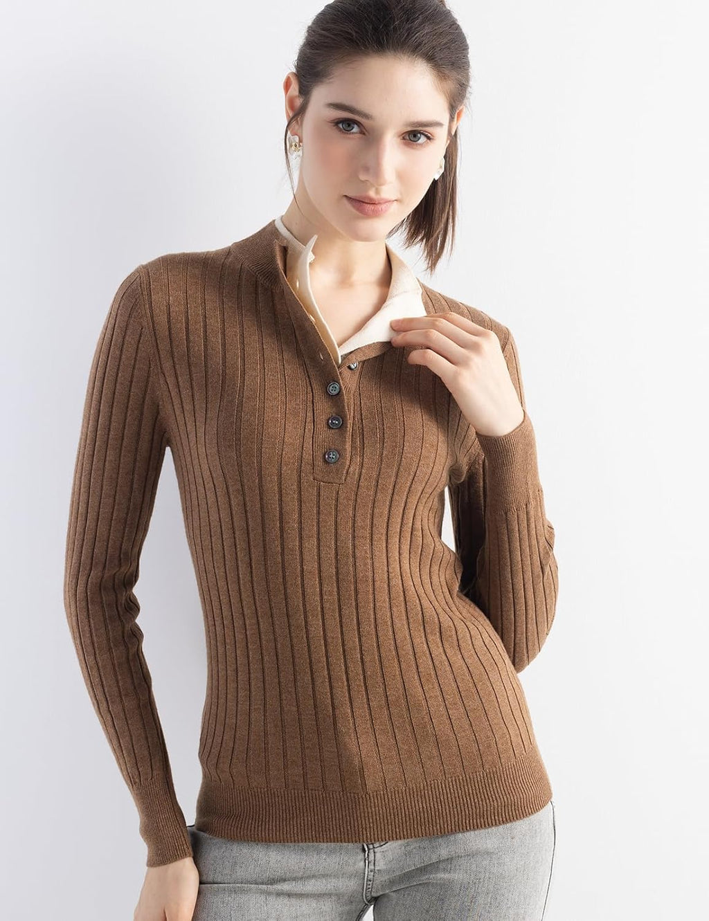 Merino Wool Blend Color Block Stand Collar Sweater